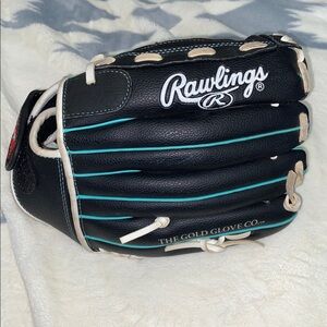 Rawlings 11.5” Leather Palm Black Baseball Glove with Teal Highlights Right Hand
